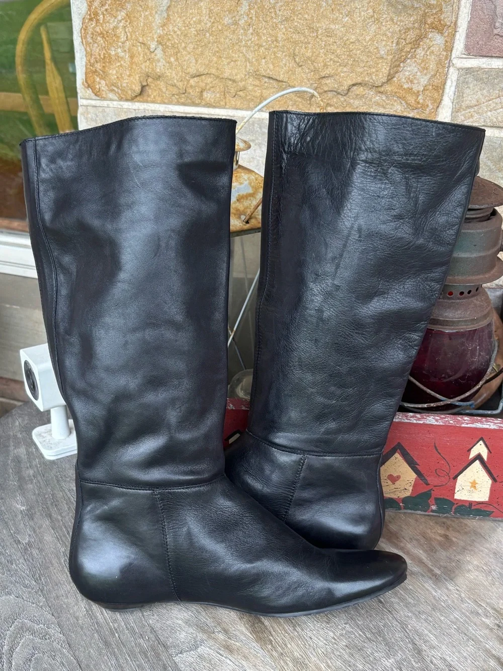Gianni Bini Heather Black Leather Low Heel Knee-High Boots